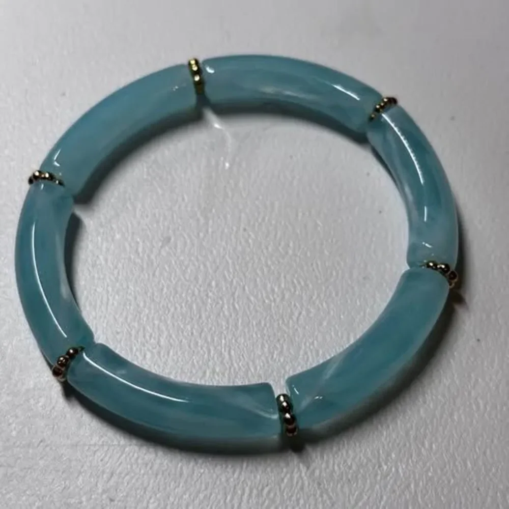 Chunky Blue Acrylic Bamboo Tube Stretch Bracelet Stack with Pearl & Gold Accents